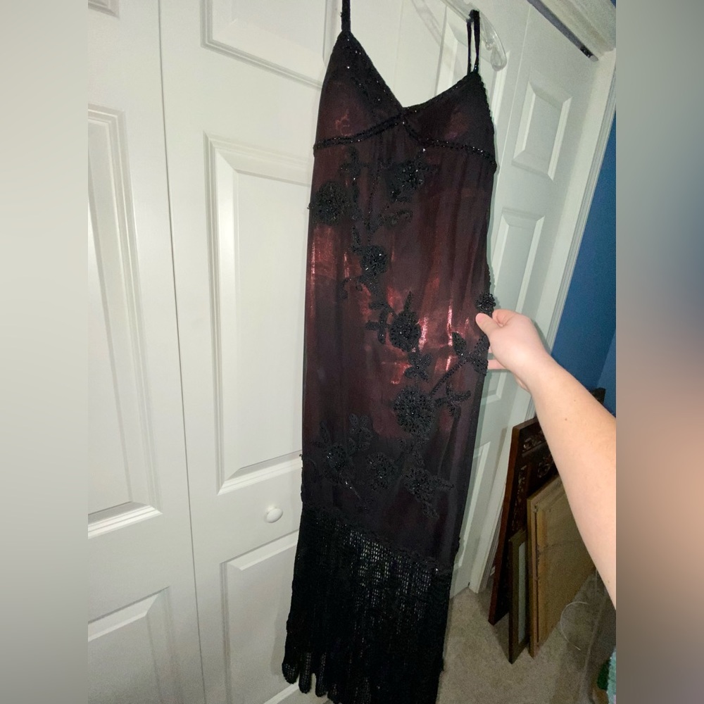 Sue Wong Vintage Maroon and Black lace detailing Gown